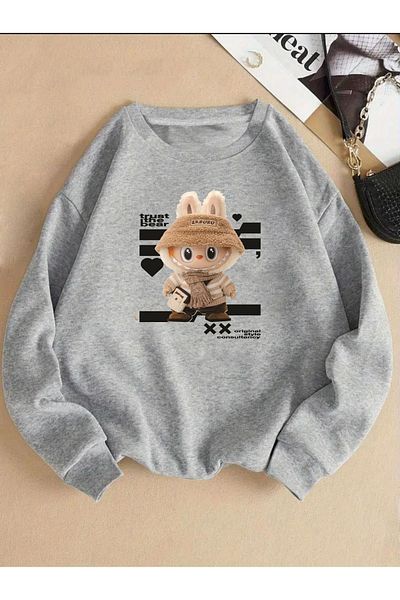 herkesemoda Hanorac cu fleece imprimat cu decolteu rotund