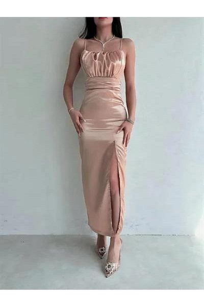 Modafeminen Thin Strap Chest Draped Satin Dress Mink 583217