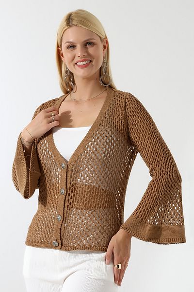 Devinka Women's Buttoned Openwork Spanish Sleeve Knitwear Cardigan