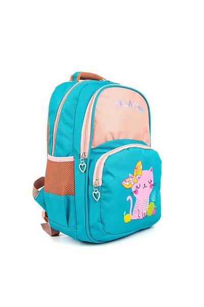 GENC DIJITAL BASKI Elementary School Backpack with Cat Figure and Lunch Bag Turquoise