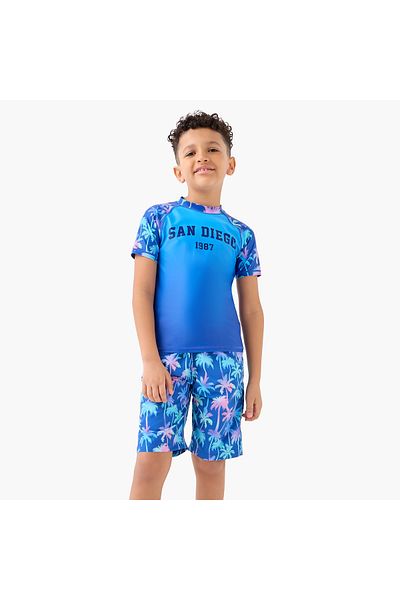 Juniors Graphic Print Raglan Sleeves Swim T-shirt and Elasticated Shorts Set