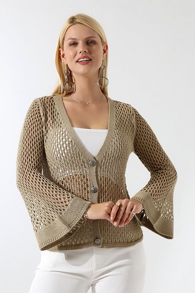 Devinka Women's Buttoned Openwork Spanish Sleeve Knitwear Cardigan