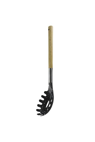 gogiva Pasta and salad serving spoon, plastic, black, granite look, wooden handle, 35 cm