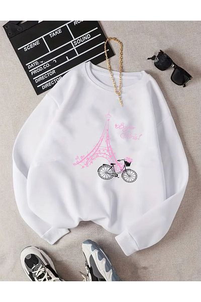 herkesemoda Eiffel Print Detailed Crew Neck Fleece Sweatshirt