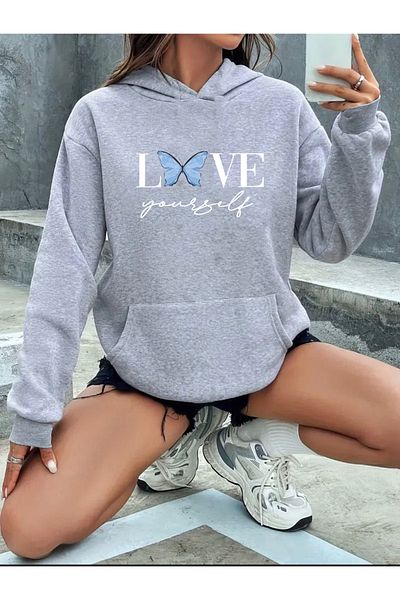 herkesemoda Love Yourself Detailed Hooded Sweatshirt