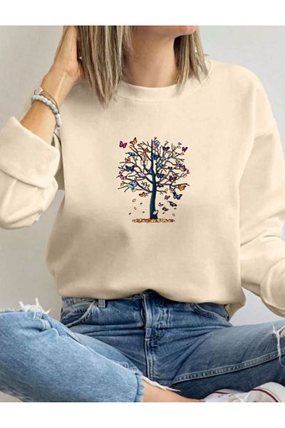 herkesemoda Φούτερ Mini Butterflies με στάμπα Crew Neck με Fleece εσωτερικά