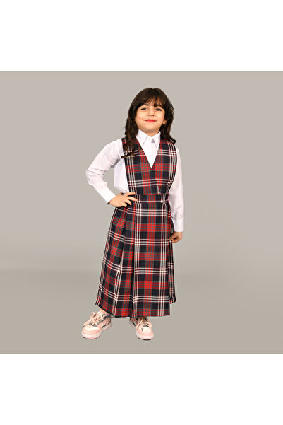 HAWRAA مريول روضة بناتي كاروهات أحمر خصر مزموم و كسرات جانبية