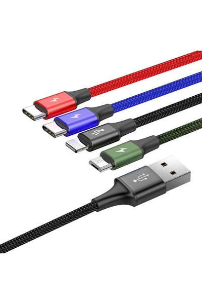 Baseus Cablu USB 4-în-1 pentru iPhone Lightning, 2 x USB-C microUSB, împletit din nailon, 3.5A, 1.2m, negru