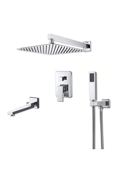 CasaVie Shower set with square hand shower 30 cm side, with built-in mixer, 3 water flow functions, silver