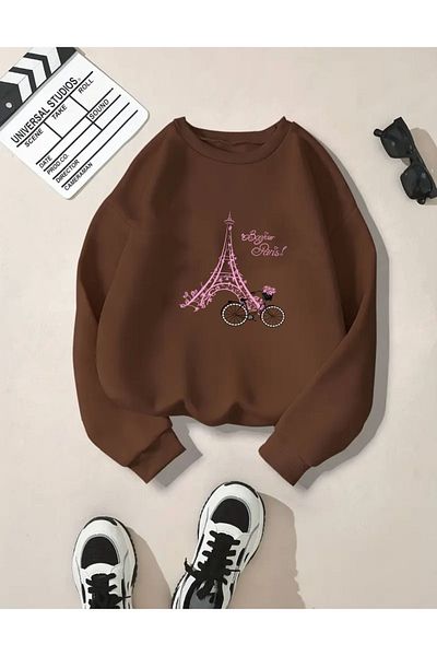 herkesemoda Φούτερ με λεπτομέρεια εκτύπωσης Eiffel Crew Neck με Fleece εσωτερικά