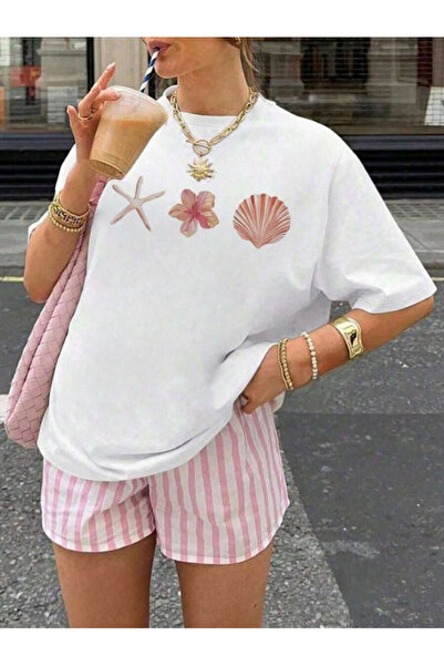 MOONBULL Kadın Deniz Yıldızı - Çiçek - İstiridye Baskılı Oversize T-shirt
