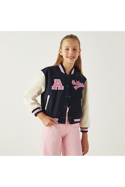Juniors Applique Detail Varsity Jacket with Button Closure
