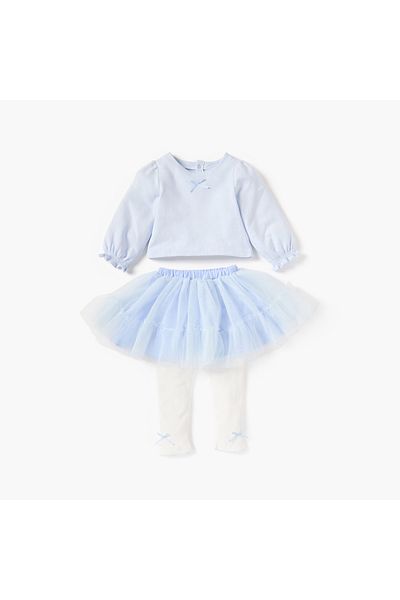 Juniors Bow Detail Top and Skirt with Stockings Set