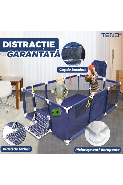 TENOR Loc de Joaca Copii Teno®, tarc cu spatiu de joaca cu cos de baschet, 182 x 122 x 64 cm, albastru