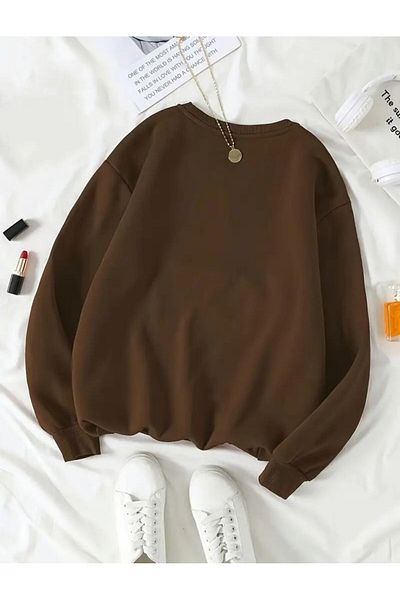 herkesemoda Φούτερ με στάμπα Crew Neck με Fleece εσωτερικά