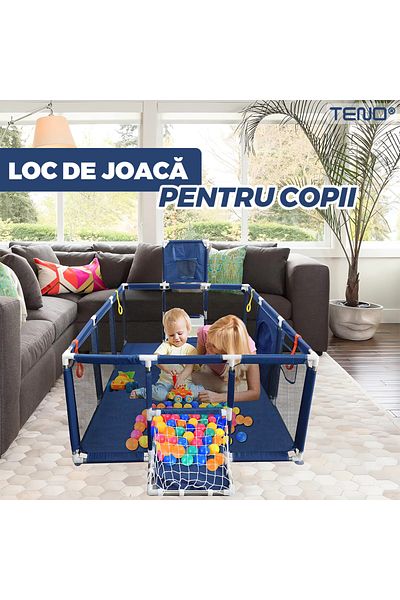 TENOR Loc de Joaca Copii Teno®, tarc cu spatiu de joaca cu cos de baschet, 182 x 122 x 64 cm, albastru
