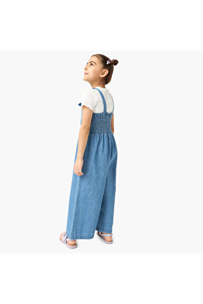 Juniors Solid Dungaree and Ribbed T-shirt Set