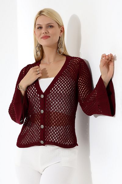 Devinka Women's Buttoned Openwork Spanish Sleeve Knitwear Cardigan