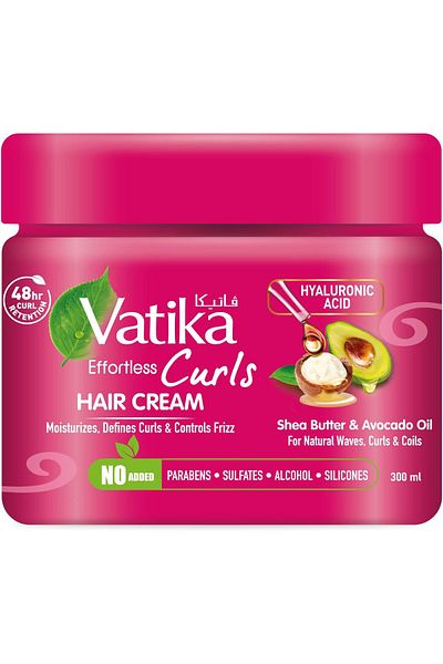 Vatika Naturals Curls Hair Cream 300ml | With Shea Butter, Avocado Oil & Hyaluronic Acid | 48 Hour C