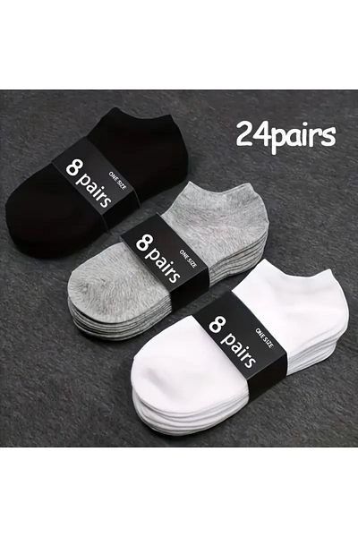 Meguca Socks 24 Pairs Unisex Cotton Daily Sweatproof Sports Booties Socks Set Black-White-Grey