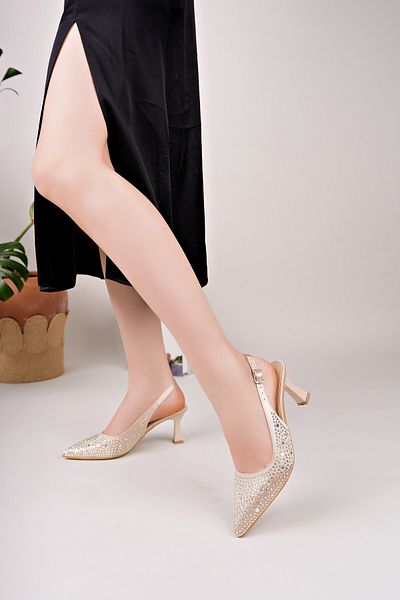 Tolgado Women's Evening Dress with Stone Details Satin Back Open 6 cm Heels