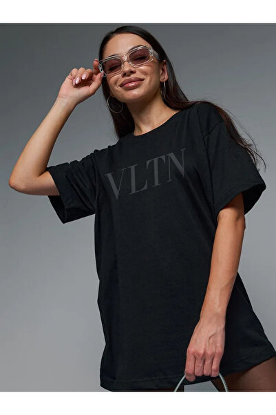 Pink Sky Unisex βαμβακερό λευκό oversize "Vltn" με στάμπα με λαιμόκοψη άνετο καθημερινό μπλουζάκι