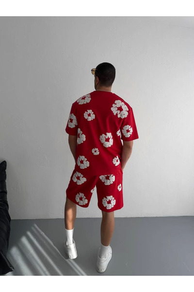 MODA Σετ μπλουζάκι με στάμπα από ύφασμα δύο κλωστών με σορτς - Κόκκινο