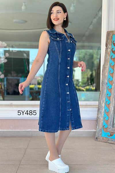İnce Topuk Polo Neck Front Button Denim Dress 5Y485