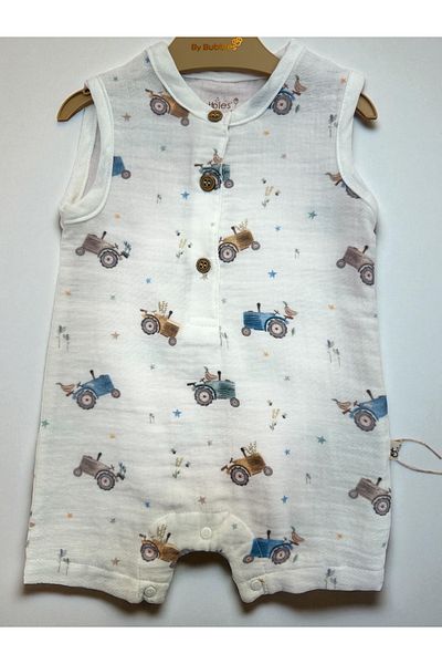 by bubbles Tractor Patterned Baby Boy Muslin Jumpsuit