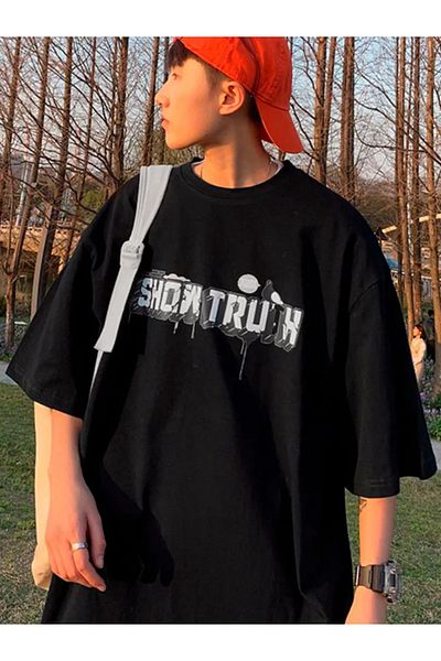 Pink Sky Unisex Cotton Black Oversize "Show Troth" Printed Crew Neck Comfortable Casual T-Shirt