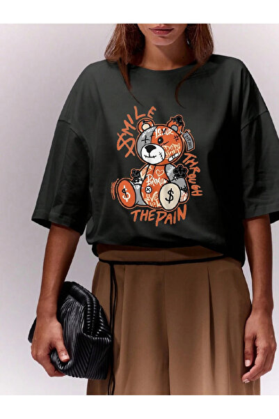 Pink Sky Unisex βαμβακερό μαύρο μπλουζάκι μεγάλου μεγέθους με τυπωμένο "Teddy Bear Smile" Άνετο καθημερινό μπλουζάκι