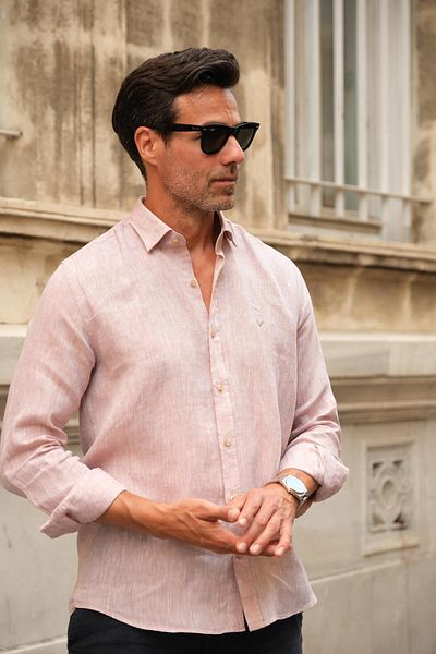 Fitmens Slim Fit Long Sleeve 100% Linen Breathable Fabric Men's Shirt with Gift Box Fs-004170 - Beige