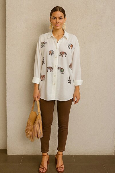ayakuydur Kadın Beyaz Fil İşlemeli Gömlek