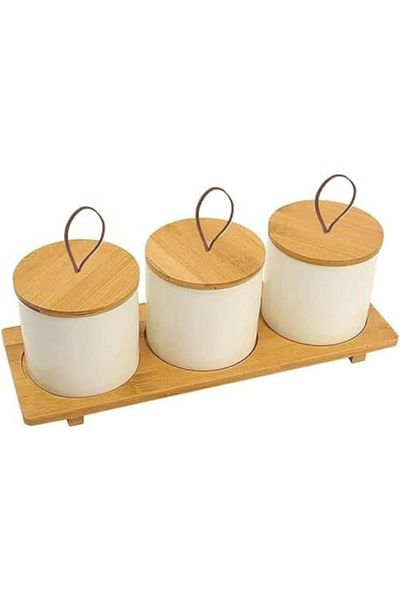 genric FFD Set of 3 Vintage Ceramic Food Storage Jars with Bamboo Lids