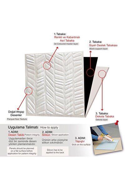 TİNK 3 Boyutlu Duvar Paneli Kabartmalı Kılçık Desen Pvc 41x41 cm/ 6 Adet /1 m² Beyaz Huş