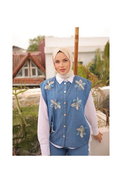 MODA TAY ÇİÇEK DETAYLI KOT YELEKLİ TAKIM
