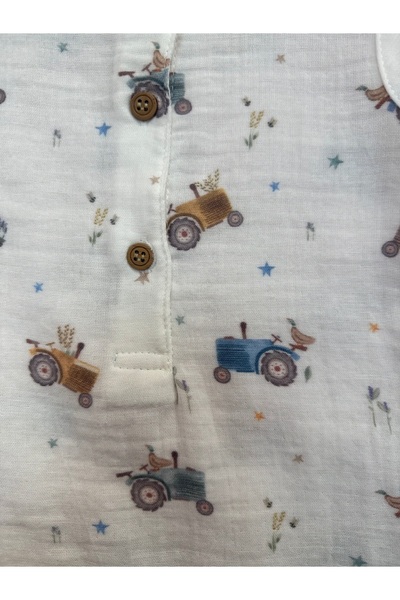 by bubbles Tractor Patterned Baby Boy Muslin Jumpsuit
