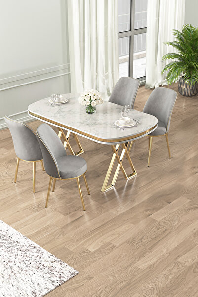Canisa Lai Serisi 90x168 Lak Panel Beyaz Mermer Desen Masa ve 4 Gri Sandalye ...