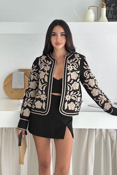 FEMELLE Jachetă elegantă cu mânecă lungă brodata cu model de flori negre pentru femei