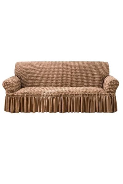 OEM Husă canapea, 3 locuri 180x230cm, creponată cu volane, poliester cu lycra, maro deschis