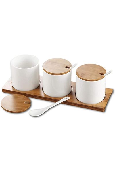 genric FFD Set of 3 Ceramic Food Storage Jars With Bamboo Lid - Kitchen Canister and Tea Storage
