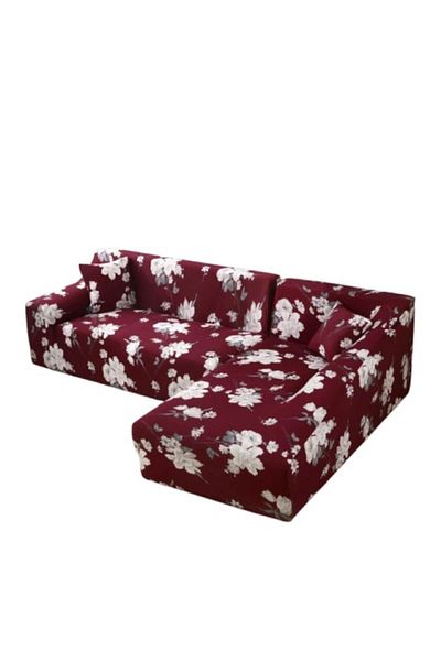 OEM Elastic Cover for Corner Sofa, Comfort, Floral Pattern, Bordeaux-White