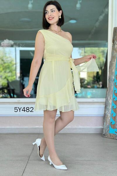 İnce Topuk Tek Omuz Gipeli Desenli Şifon Elbise 5y482