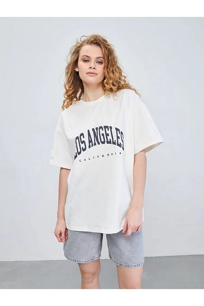 Pink Sky Unisex βαμβακερό λευκό oversize "Los Angeles" με στάμπα με λαιμόκοψη άνετο καθημερινό μπλουζάκι