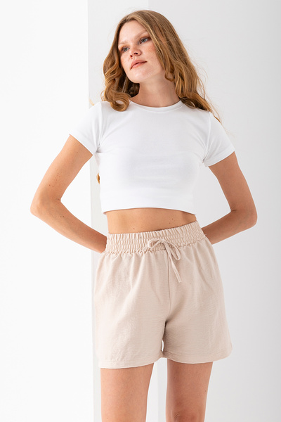 GİYSA Women's Elastic Waist Lace Detailed Aerobin Shorts - Stone - 5327