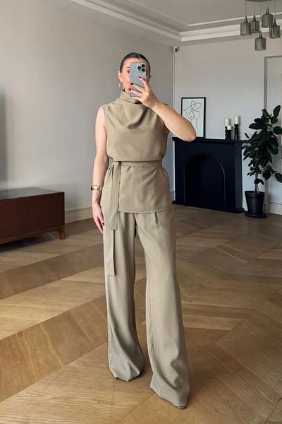 Tuba Butik Zero Sleeve Blouse Pants Women's Set