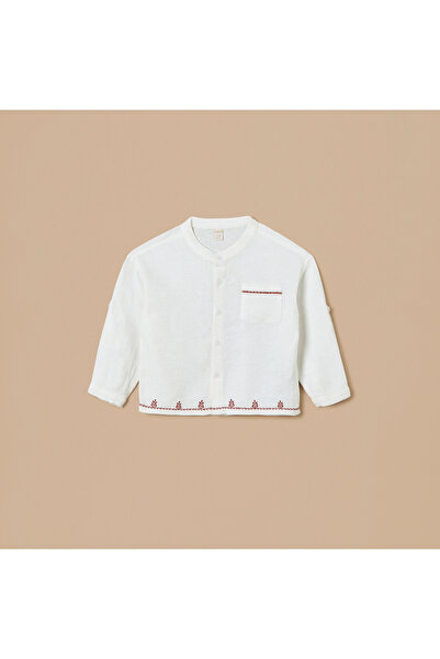giggles Embroidered Mandarin Collar Shirt with Button Closure and Front Pocket