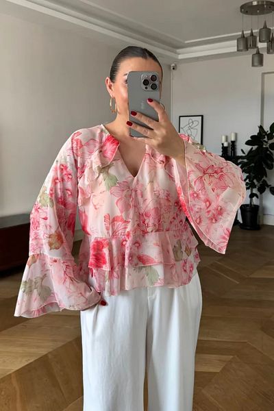 Tuba Butik Floral Patterned Ruffle Detailed Blouse