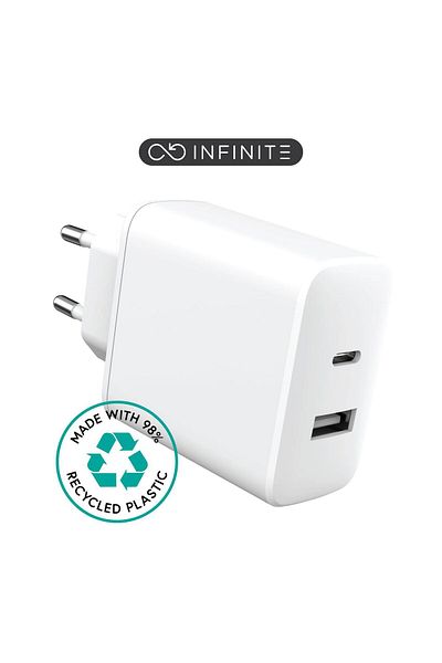 Inna marka eSTUFF INFINITE Ładowarka USB z UE, 1x USB-C PD 20W, 1x USB-A 12W, Biała, 98% plastik z recyklingu