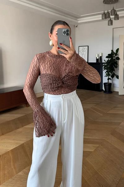 Tuba Butik Long Sleeve See-Through Lace Blouse